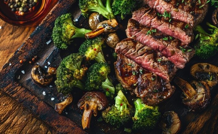 Flat Iron Steak with Caramelised Shallot & Vine Tomatoes