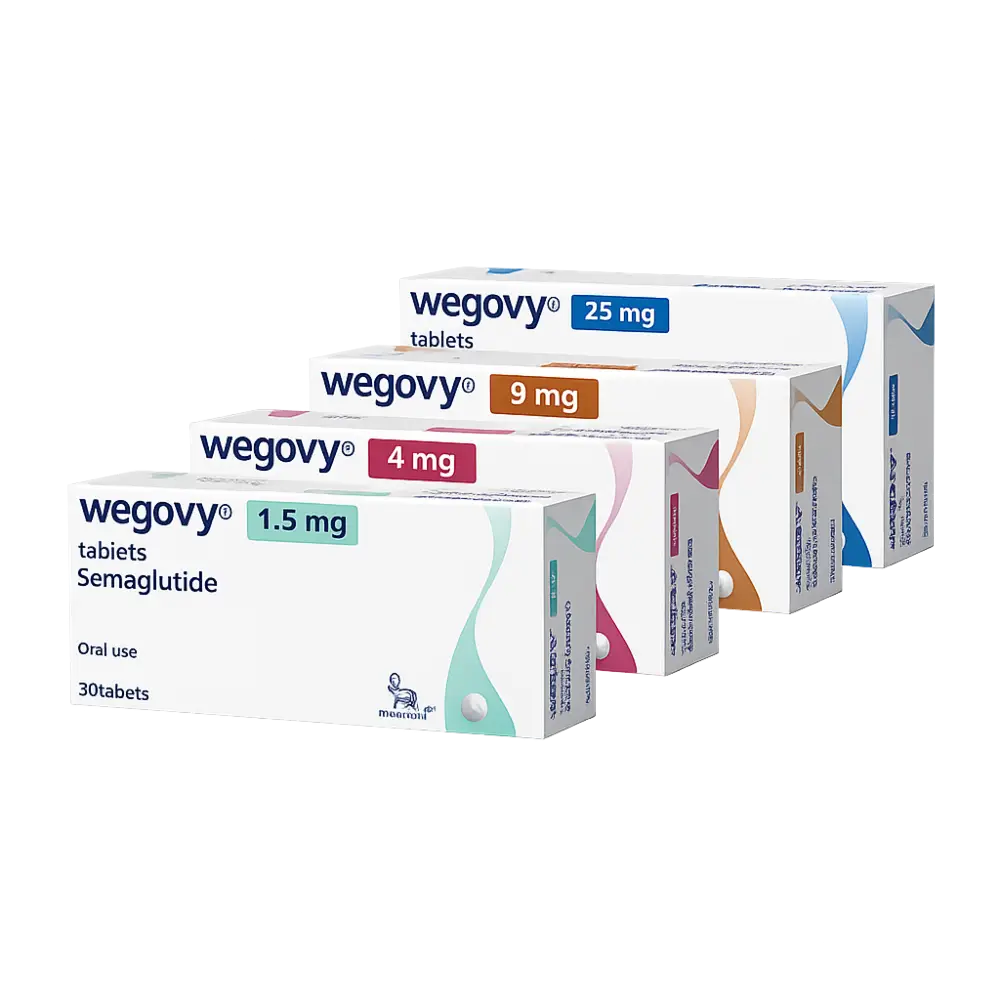 Wegovy Pill packaging — all four doses: 1.5mg, 4mg, 9mg, and 25mg boxes